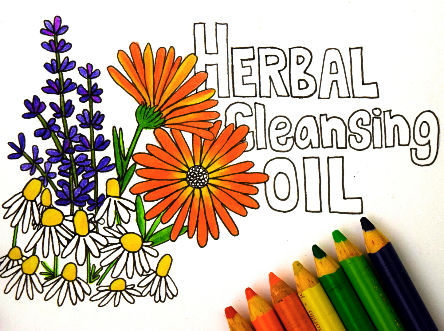 Herbal cleansing oil from plant makeup in a clear glass bottle with a dropper, surrounded by fresh herbs and botanical ingredients.