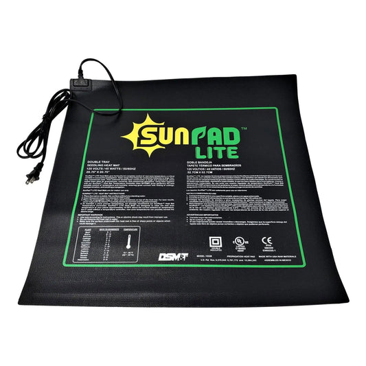 DSMT Propagaion Heat Pad, a double tray seedling heat mat showing electrical cord, UL listing, and green and yellow logo details