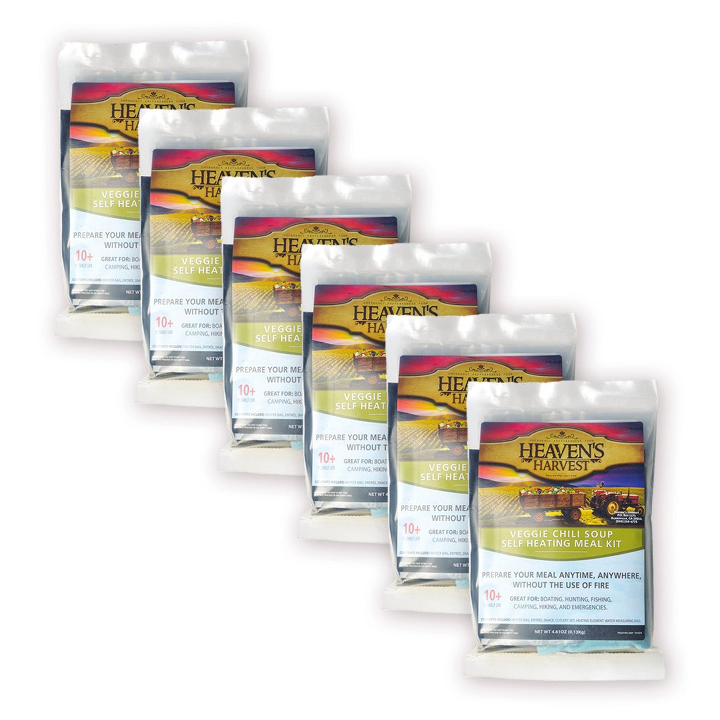 Six-pack of Heaven's Harvest self-heating veggie chili soup meal kits, freeze-dried food with ready-to-eat design