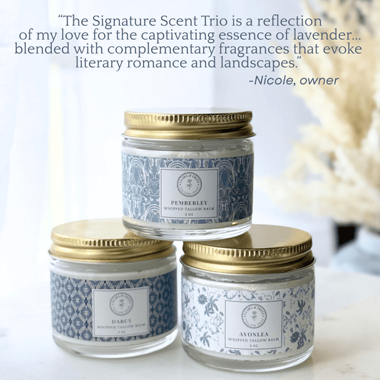 Set of three Clara & Fritz Tallow Shop lotion and moisturizer bottles in signature scents, with elegant packaging and labels.