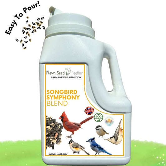 Four-pound jug of Flawn Seed Kits Songbird Symphony Wild Bird Seed Blend for attracting and feeding wild birds.