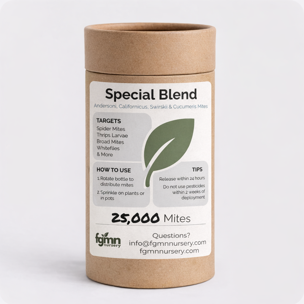FGMN Nursery Special Blend Predatory Mite Mix Treatment bottle, containing natural mite control solution for pest management.