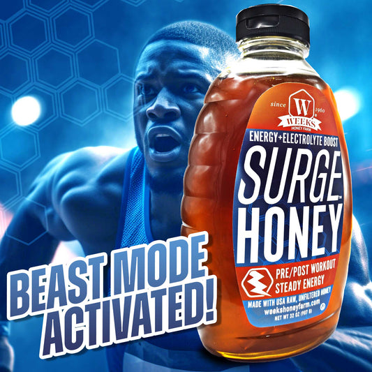 A bottle of Weeks Honey Farm’s Surge Honey™ for pre/post-workout energy and electrolyte boost sits up front, while a muscular athlete flexes behind bold text: BEAST MODE ACTIVATED!.