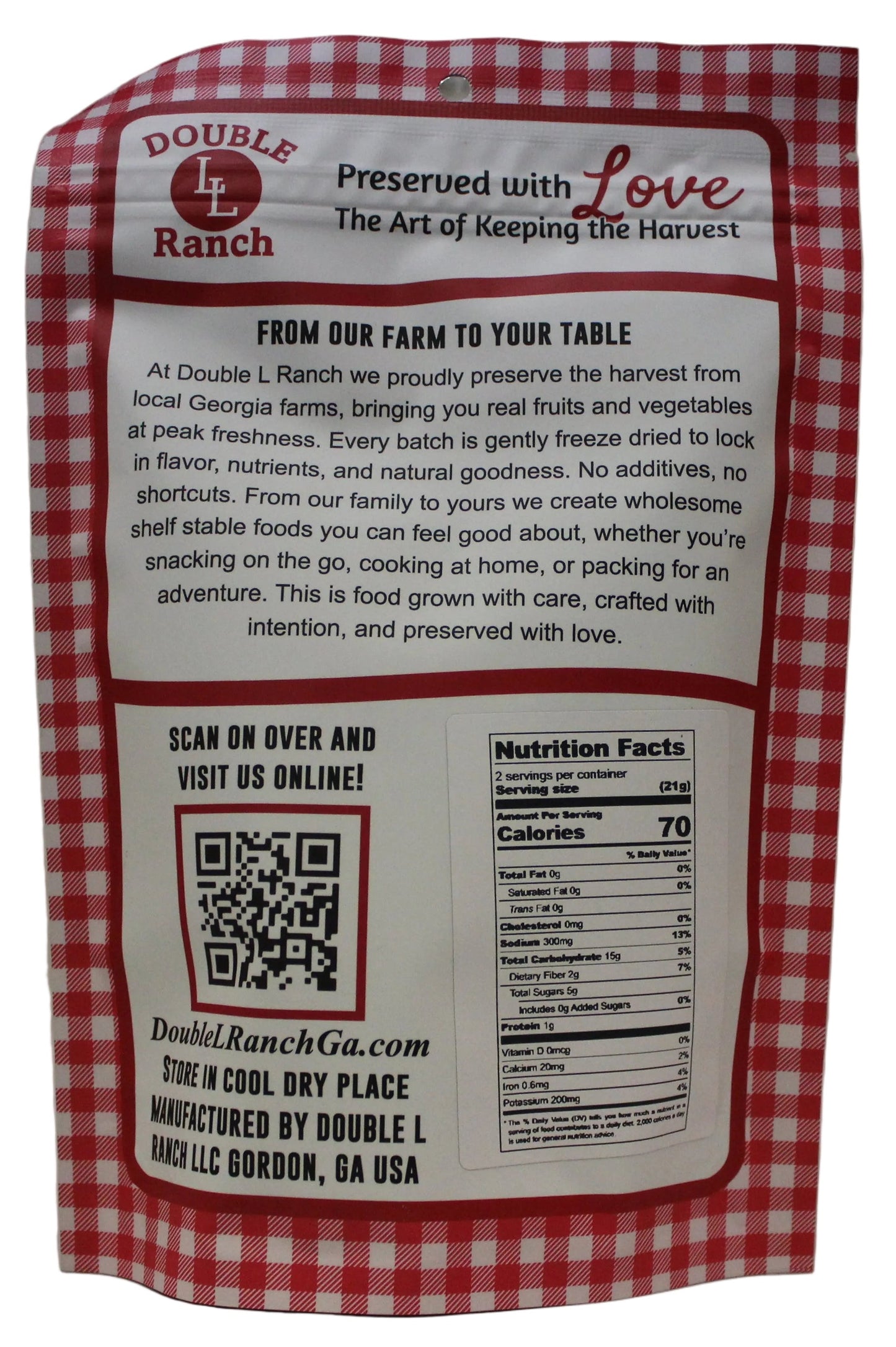 Freeze dried sweet potato chips from Double L Ranch, showing crispy, golden-brown sweet potato slices on a white background.