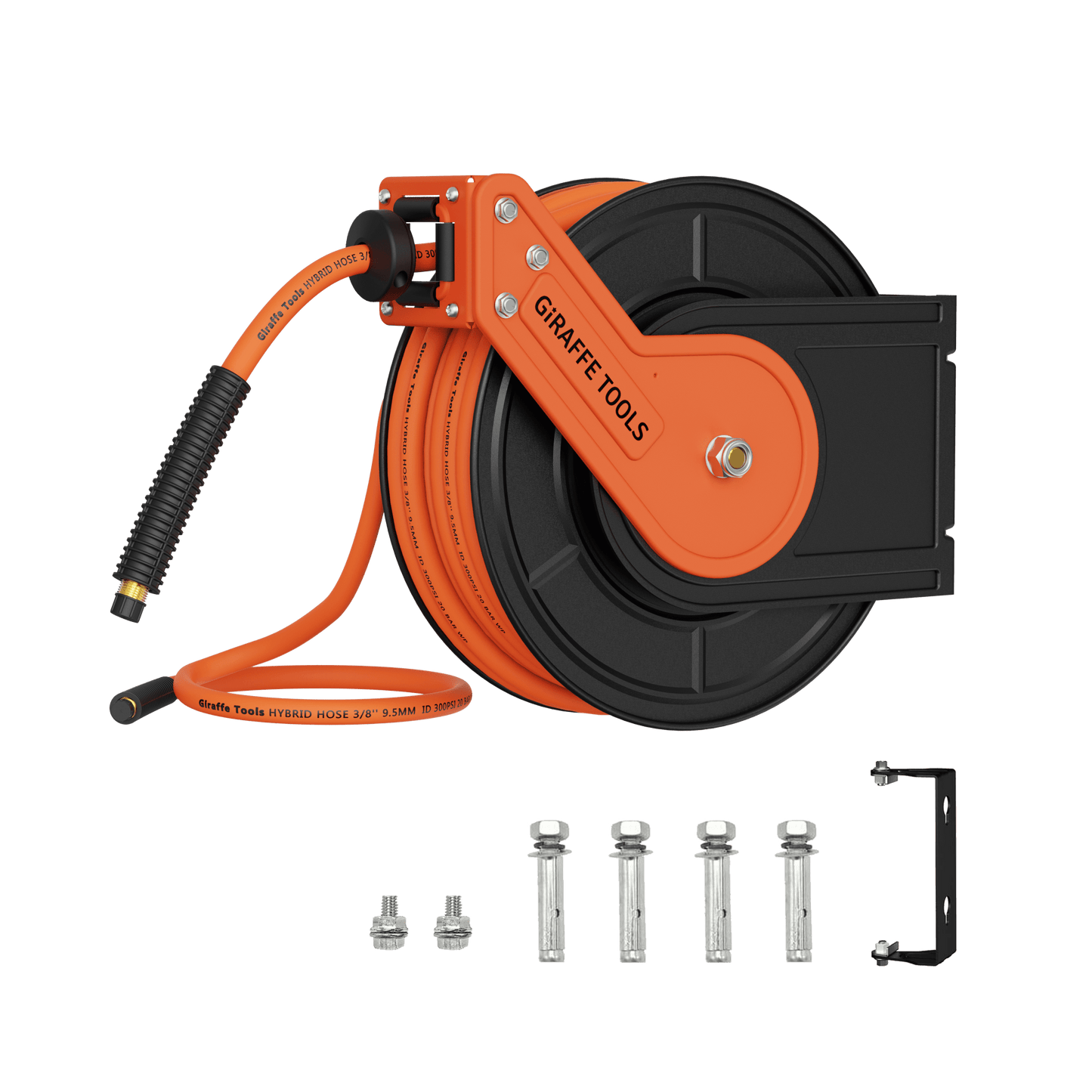 Retractable Giraffe Tools US alloy steel air hose reel with 3/8 inch diameter, 25 to 50 feet length, mounted on a wall.