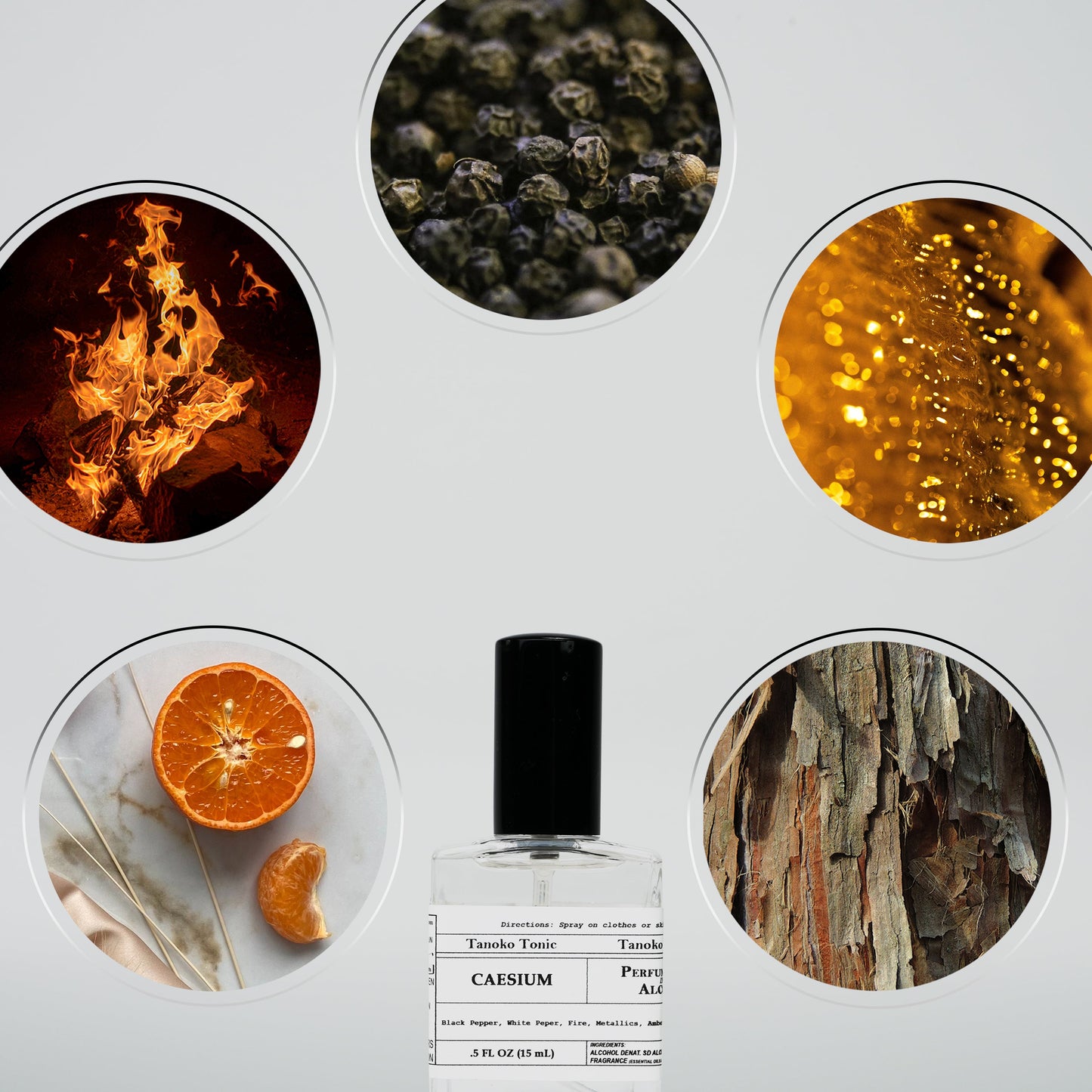 A Rustic Strength Perfume Sample Pack vial is centered, surrounded by five circles—black peppercorns, golden liquid, fire, orange slices, and bark—suggesting the bold scent variety in this re-fillable fragrance collection.