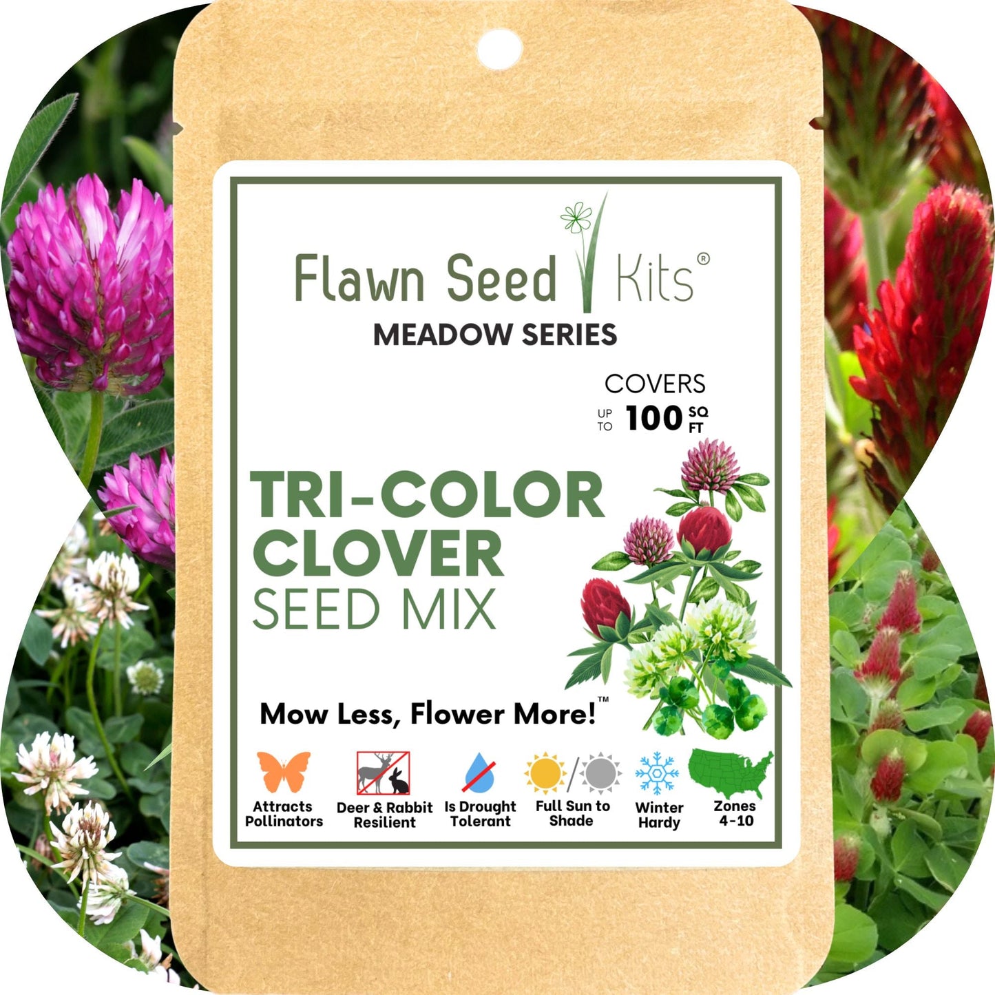 Tri-color clover seed blend from Flawn Seed Kits, showing vibrant green, red, and purple clover seeds in seed tape for planting.