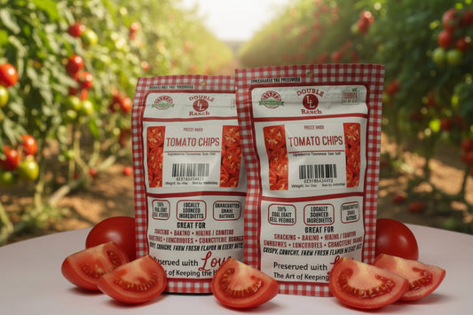 Close-up of crispy freeze-dried tomato chips from Double L Ranch, showcasing vibrant red color and crunchy texture.