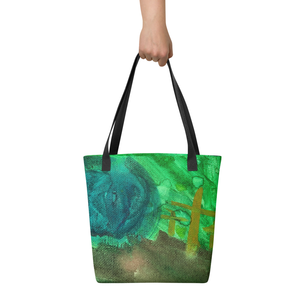 Artist unknown tote bag featuring an abstract landscape with teal and lime green hues a gold cross-like structure and subtle texture resembling canvas