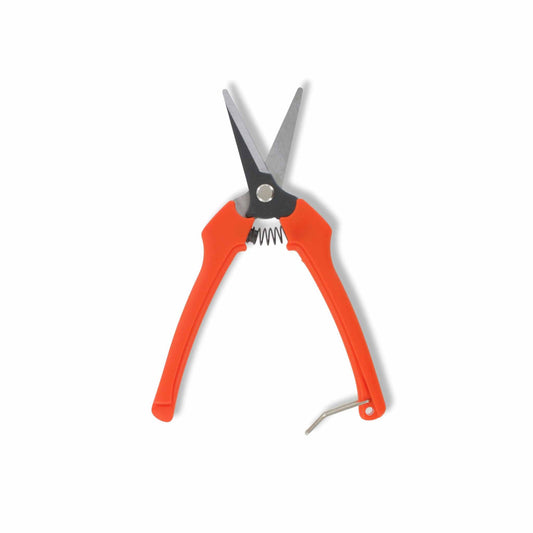 Orange-handled Bootstrap Farmer Harvesting Pruning Shears with stainless steel blades are shown open on a white background.