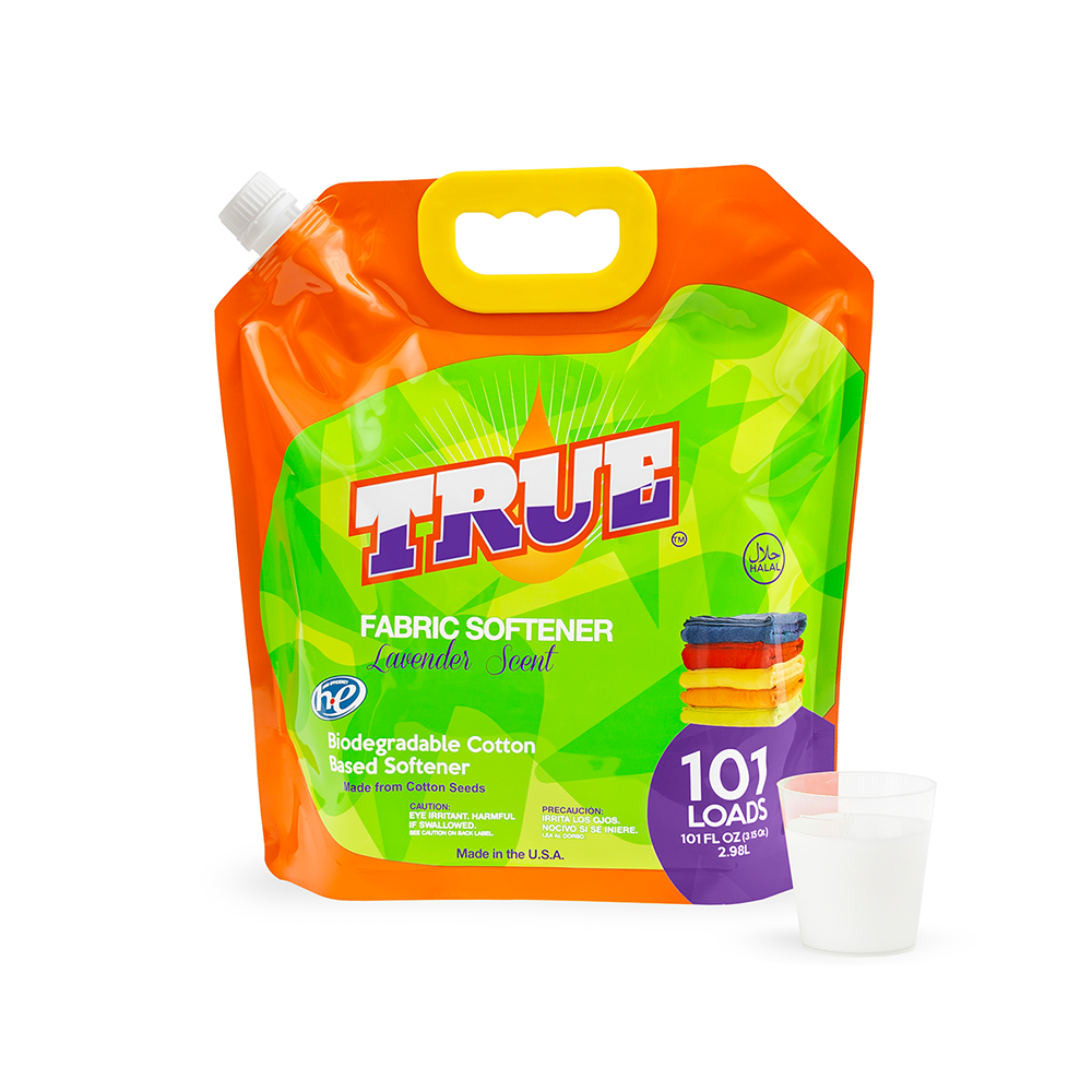 True Products lavender-scented plant-based fabric softener in a 101-ounce bottle, designed to soften and freshen laundry naturally.