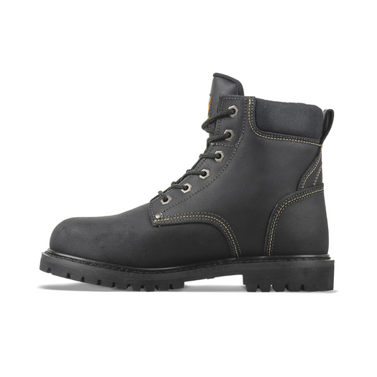The Chinook® Footwear Oil Rigger 6” Steel Toe Men’s Work Boot in black features leather construction, metal eyelets, visible stitching, a padded collar, and a rugged rubber sole, shown in side profile on a white background.