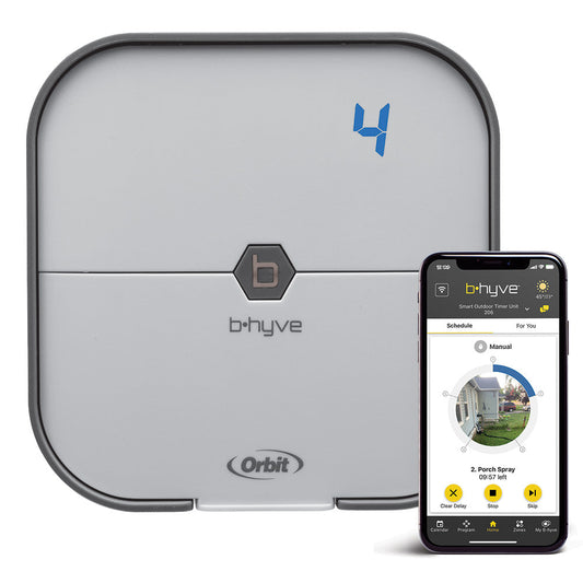 Orbit Irrigation B-hyve Smart Indoor Sprinkler Timer mounted on a wall with a digital display and control buttons.