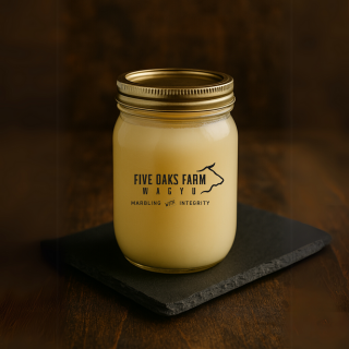 Unrendered Wagyu beef tallow in a container, from Five Oaks Farm Wagyu, part of the FOF The Wagyu Welcome Box.