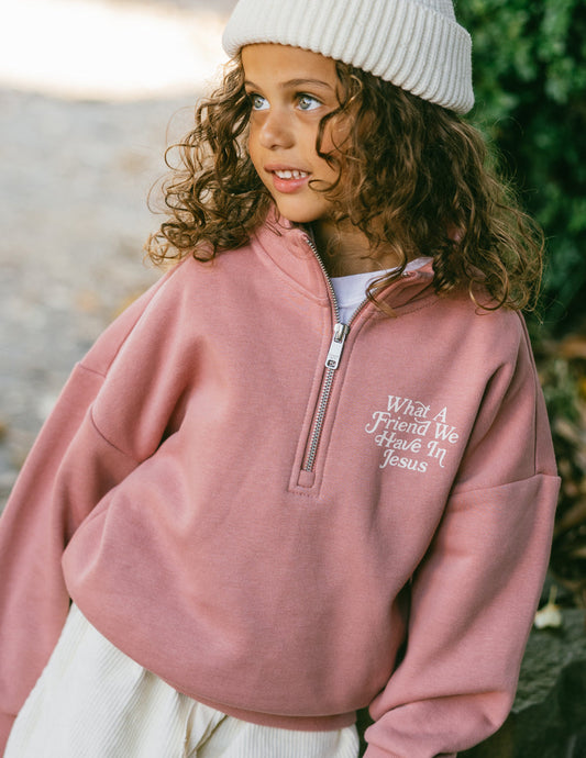 Kids' half-zip jacket from Elevated Faith featuring "What a Friend in Jesus" design, suitable for children.