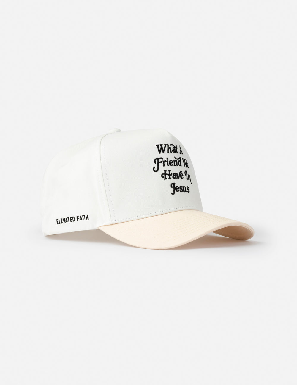 Elevated Faith trucker hat featuring "What a Friend in Jesus" text, with mesh back and adjustable strap for casual wear.