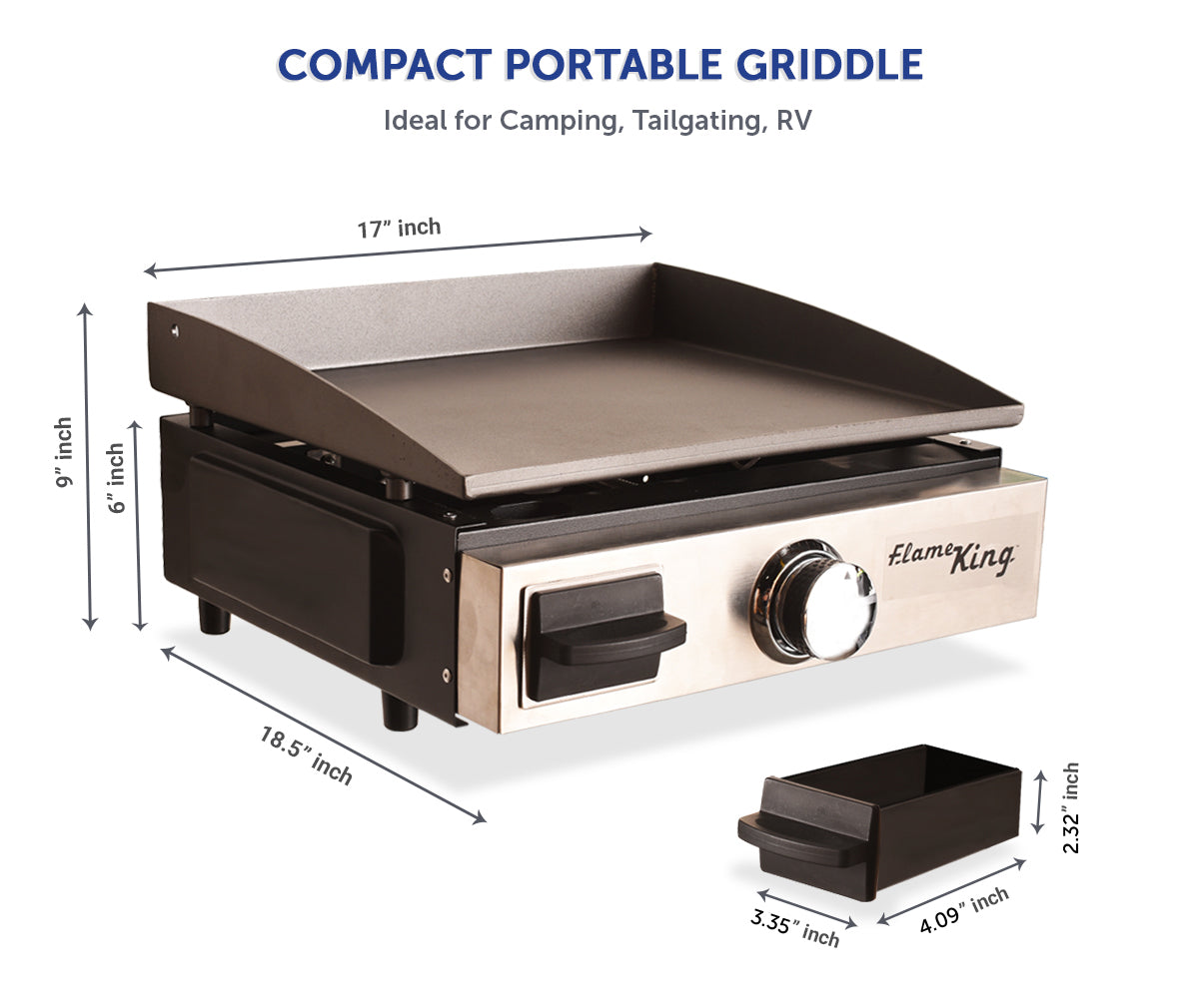 Flame King Flat Top Portable Propane Cast Iron Grill and Griddle for camping, showing the flat cooking surface and cast iron construction.