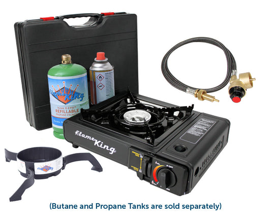 Flame King portable butane and propane camping stove with single burner, compact design for outdoor cooking.