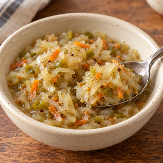 Canned Hot Chow Chow in 16oz jar by Amish Country Store, showing colorful vegetable relish with a textured appearance