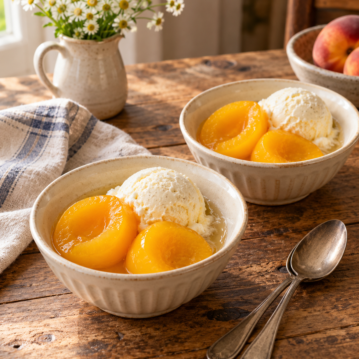 Canned vanilla peaches with real vanilla beans in a jar, produced by Amish Country Store, showing peach slices with vanilla bean pieces.