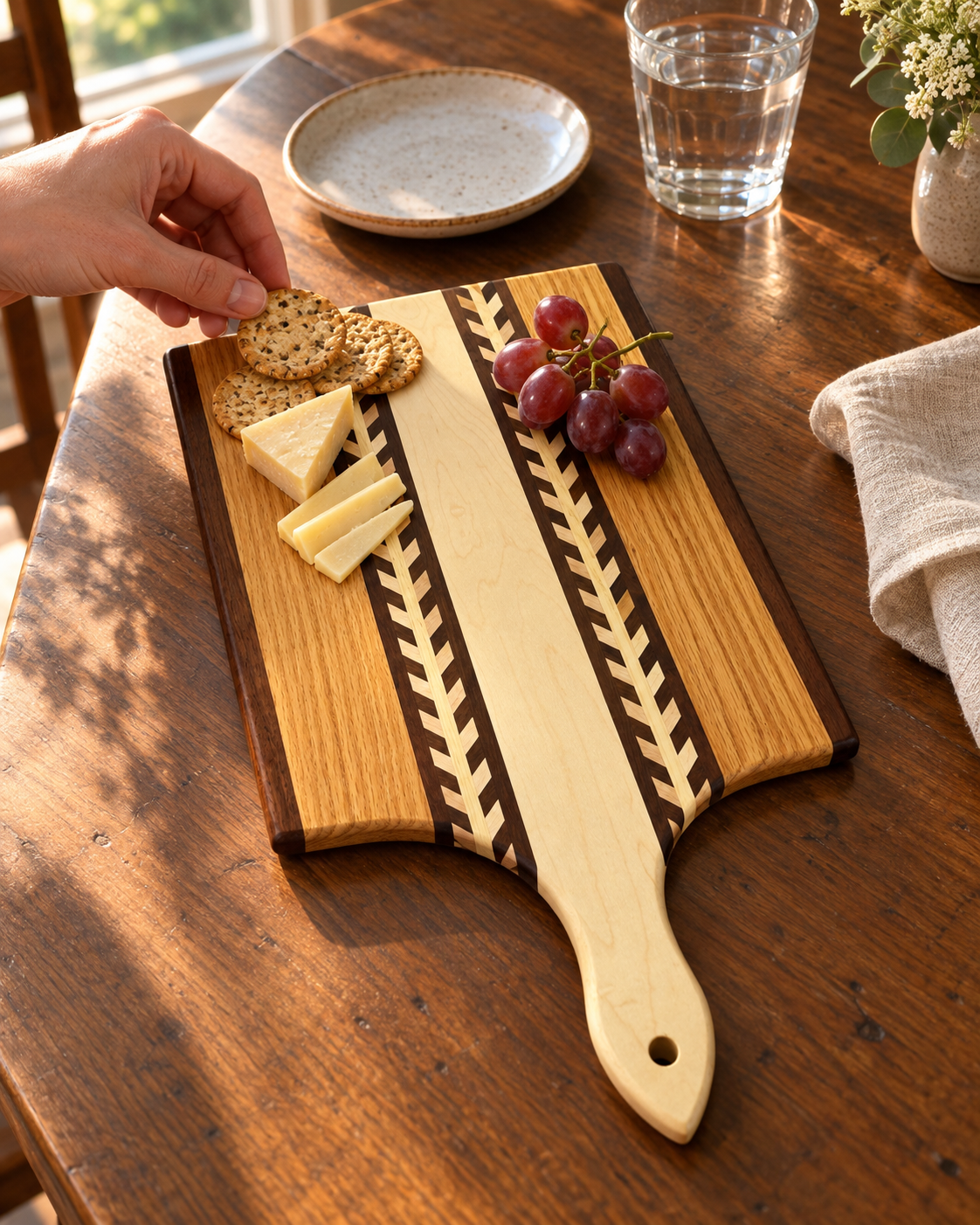 Amish Handmade "Wheat Inlay" Cutting Board - Mixed Hardwood Paddle