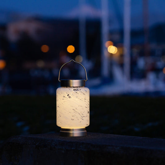 Allsop Home & Garden Boaters Glass Solar Lanterns in clear cylindrical design with LED lighting for outdoor ambiance.