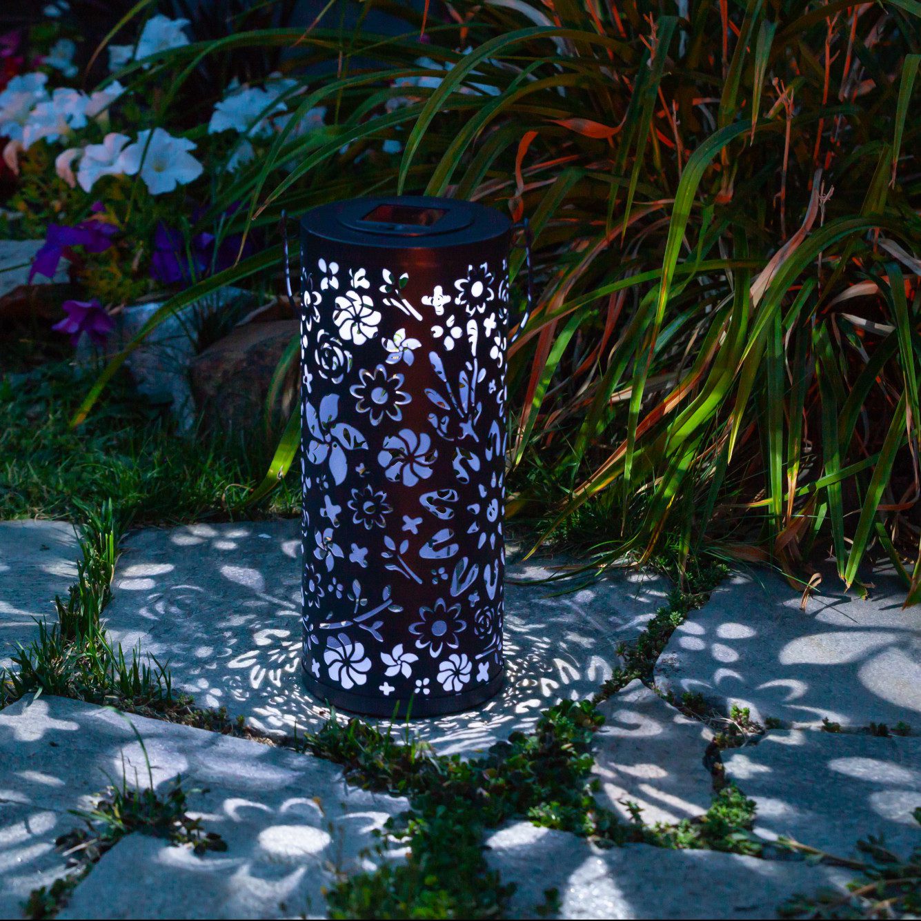 Midnight blue Bloom Punched Metal Solar Lantern by Allsop Home & Garden with intricate punched metal design.