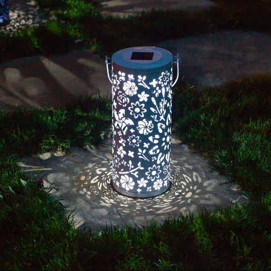 White Bloom Punched Metal Solar Lantern by Allsop Home & Garden, featuring intricate punched metal design and solar-powered lighting.