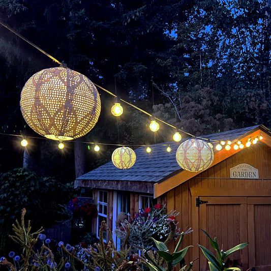 Set of five Allsop Home & Garden string light shades with 8-inch globe covers for outdoor or indoor decorative lighting.