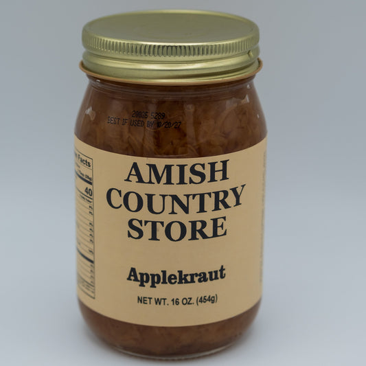 Canned applekraut from Amish Country Store, showing the jar with a label and fresh applekraut inside.