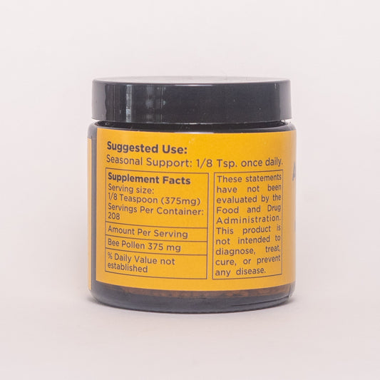 Pure raw bee pollen from Aquidneck Honey, showcasing golden granules collected from bees in New Hampshire, Rhode Island, and Massachusetts.