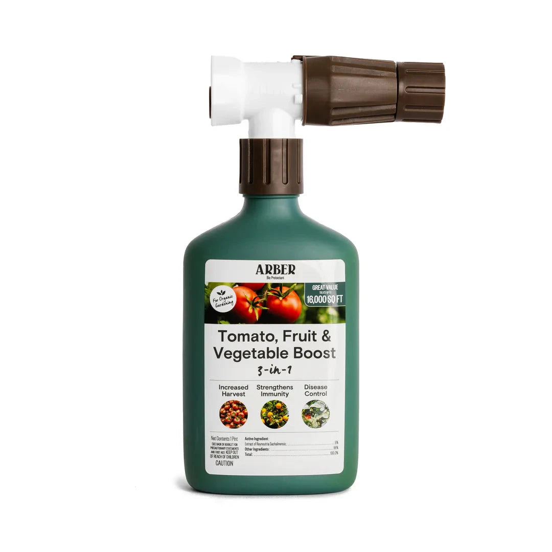 Organic tomato in a clear bowl, part of Arber's Fruit & Vegetable Boost product, emphasizing fresh, natural produce.