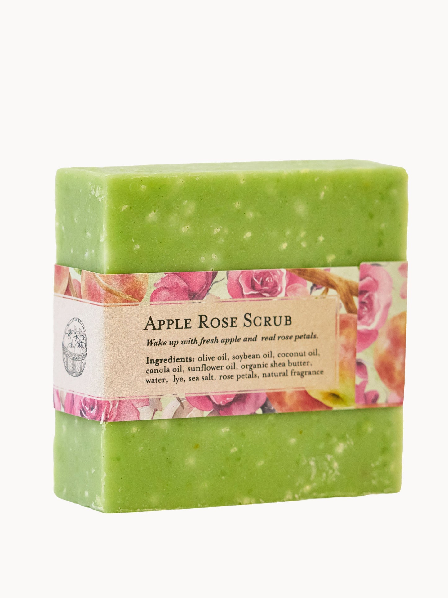 Ash & Rose Apple Rose Soap Scrub Bar, natural bar soap with apple and rose ingredients, shown with a textured surface and floral accents.