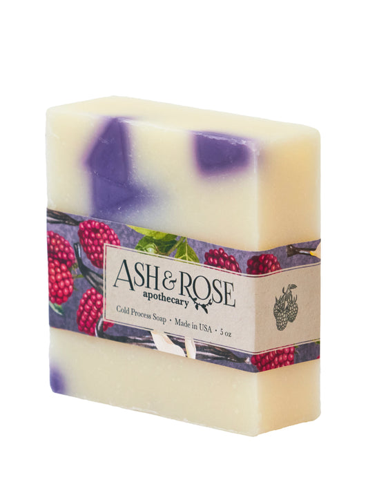 Ash & Rose Raspberry Vanilla Soap Bar, natural bar soap with vibrant raspberry and vanilla scent, displayed on a clean surface.