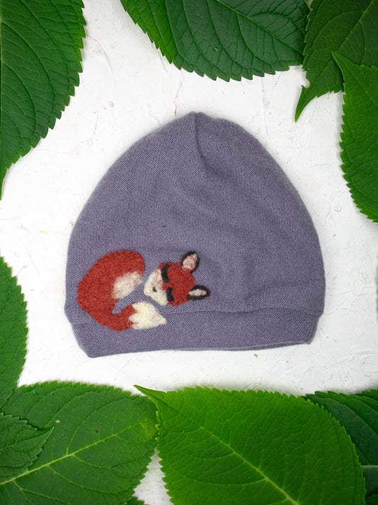 Toddler lavender cashmere hat with a sleeping fox design by Ash & Rose, soft and cozy for little ones.