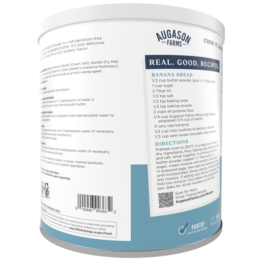 Augason Farms butter powder can with 510 servings, a butters and spreads product, showing a large white canister of powdered butter.