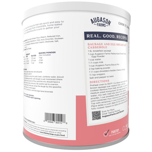 Augason Farms canned buttermilk biscuit mix can with 29 servings, showing the label and can packaging for baking.