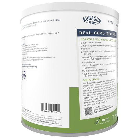 Canned dehydrated potato shreds from Augason Farms in a 31-serving can, suitable for cooking or emergency food storage.