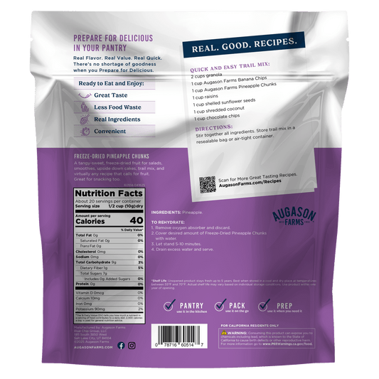 Freeze dried pineapple pieces in a family size pouch by Augason Farms, ready for snacking or cooking.