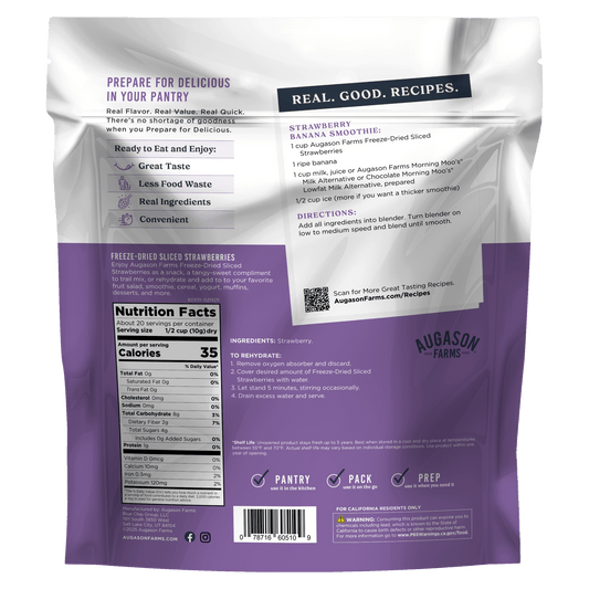 Freeze-dried sliced strawberries in a family size pouch by Augason Farms, ideal for snacks or baking, 20 serving capacity.