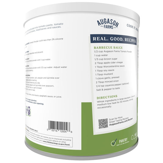 Canned tomato powder from Augason Farms with 329 servings, shown in a can suitable for cooking and seasoning.
