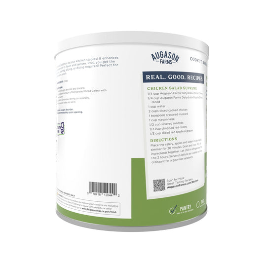 Canned dehydrated cross-cut celery from Augason Farms, 73 servings in a sealed can for long-term storage.