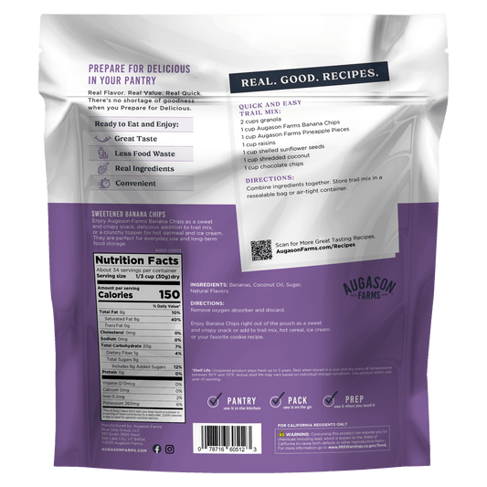 Augason Farms Banana Chips Family Size Pouch with 34 servings, crispy snack with sliced bananas in a large resealable bag.