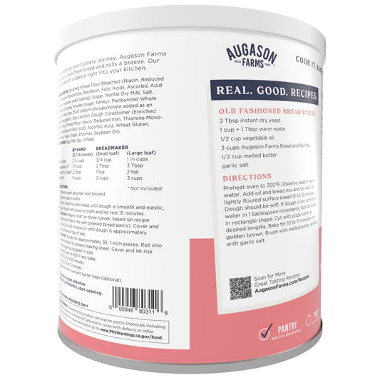 Augason Farms bread and roll mix can, 48 servings, showing a sealed can of baking mix for homemade bread and rolls.