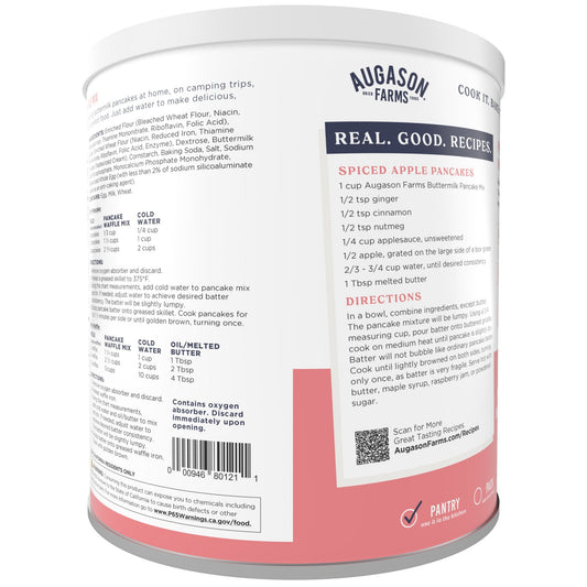 Augason Farms buttermilk pancake and waffle mix can, 33 servings, with a label showing golden pancakes and waffle images.