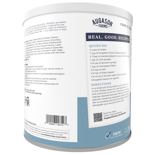 Augason Farms cheese sauce mix can with 87 servings, showing a colorful label and canister for easy cheese sauce preparation.