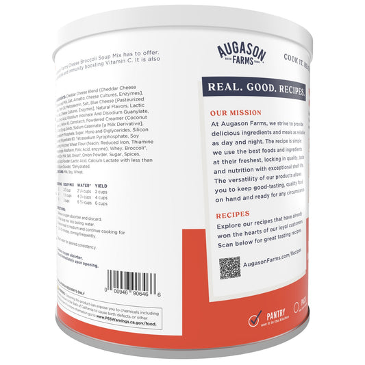 Can of Augason Farms Cheesy Broccoli Soup Mix with 38 servings, showing the product label and can design.
