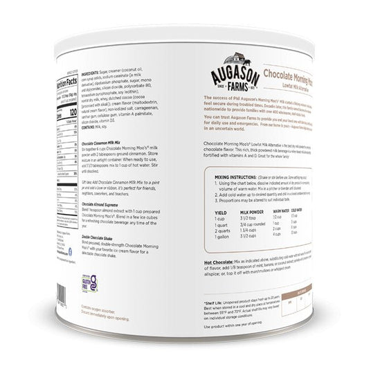 Augason Farms Chocolate Morning Moo's milk alternative can with 67 servings, featuring a can design and product label.