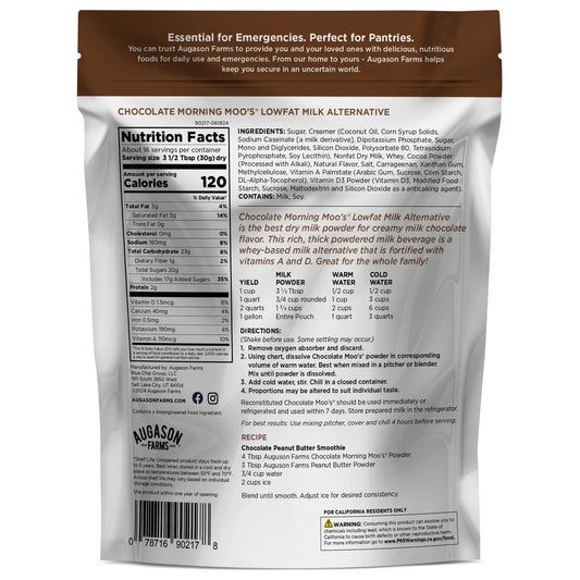 Augason Farms Chocolate Morning Moo's milk alternative pouch with 16 servings, featuring a resealable pouch and chocolate flavor.