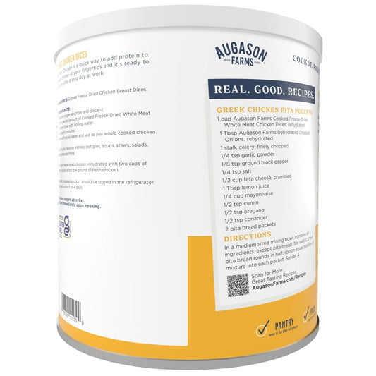 Can of Augason Farms cooked freeze-dried white meat chicken dices, showing the white chicken pieces inside the can.